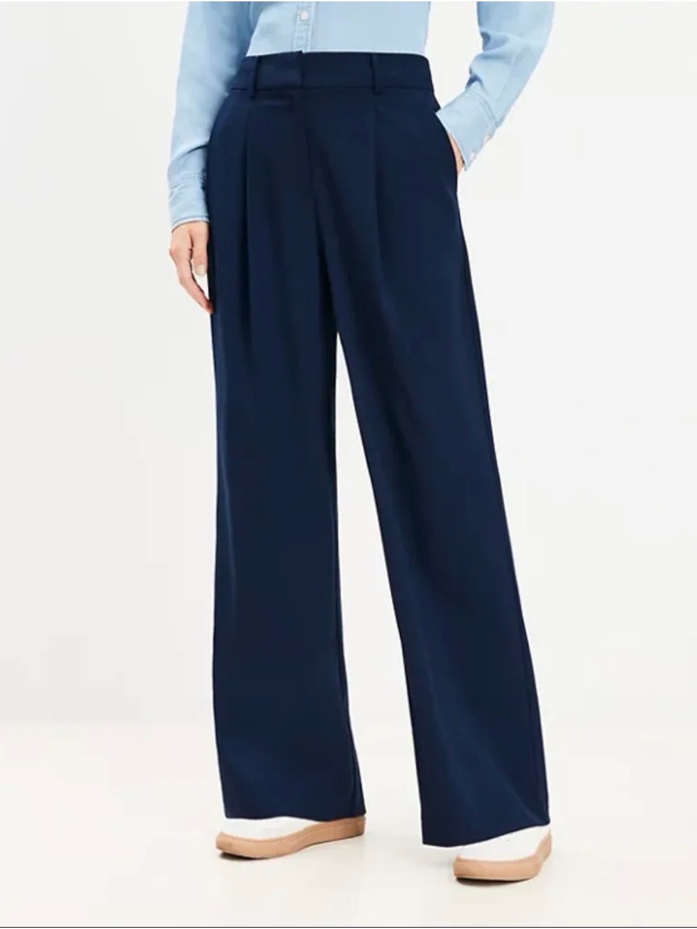LOFT Navy Wide-Leg Pleated Trousers